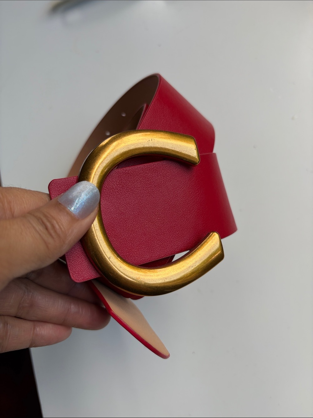 Vintage Red Belt with Gold Horseshoe Buckle
